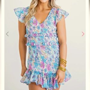 Karlie blue and pink floral smocked ruffle fitted dress size large